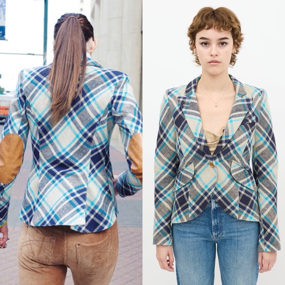 SMYTHE Hunting Tartan Plaid One Button Blazer in Gray Blue Sz 4 - Picture 1 of 8